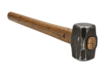 Rustic wooden handled sledgehammer with metal head on transparent background
