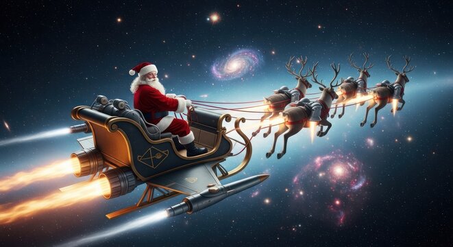 Santa Claus blasts through the cosmos in his rocket-powered sleigh delivering cheer this Christmas
