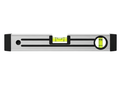Silver metal spirit level with yellow bubble vials for accurate measurement