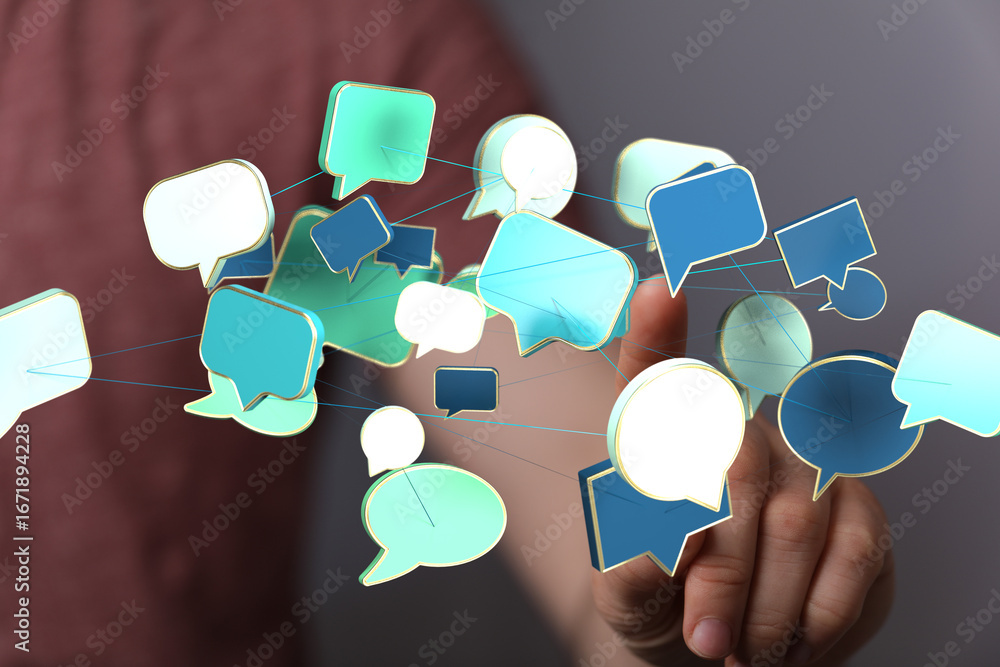 Poster abstract image of interconnected speech bubbles, representing global communication and networking.