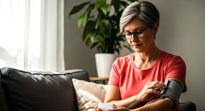 An older woman with glasses and a pink shirt uses a blood pressure monitor on her arm She is seated on a sofa looking down at the device in a comfortable home setting