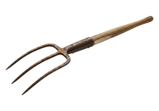 Rusty three-pronged garden pitchfork with wooden handle