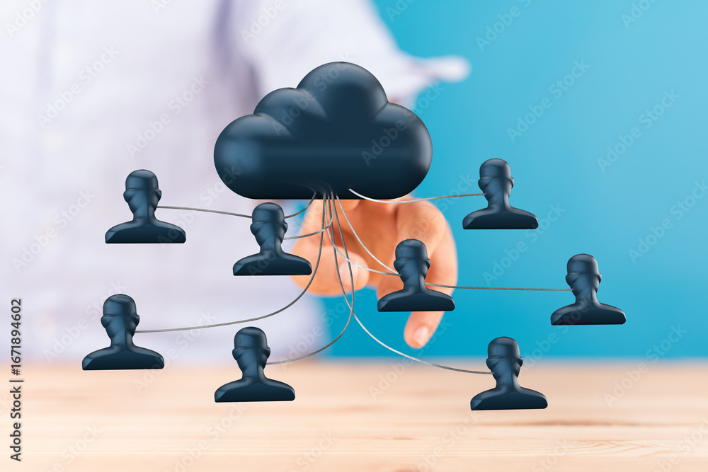 Poster illustrative image of a cloud network connecting multiple users, symbolizing secure data sharing and