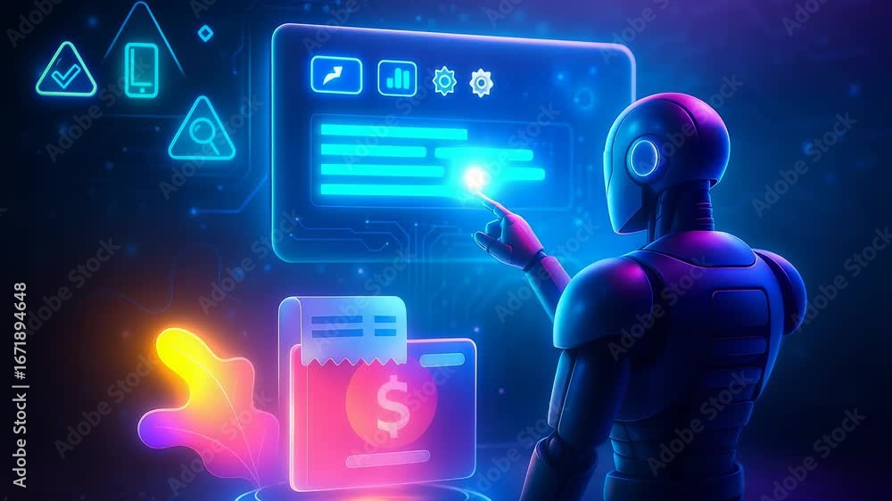 Poster robot touching screen invoice money icons technology interface display network