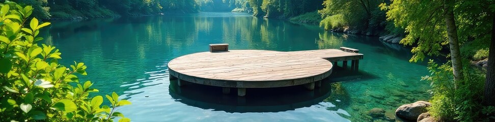 Serene Circular Dock on Calm Water, Lush Green Shores Idyllic Summer Scene