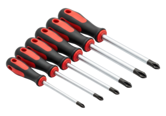 Set of six black and red ergonomic phillips screwdrivers with rubber grip handles