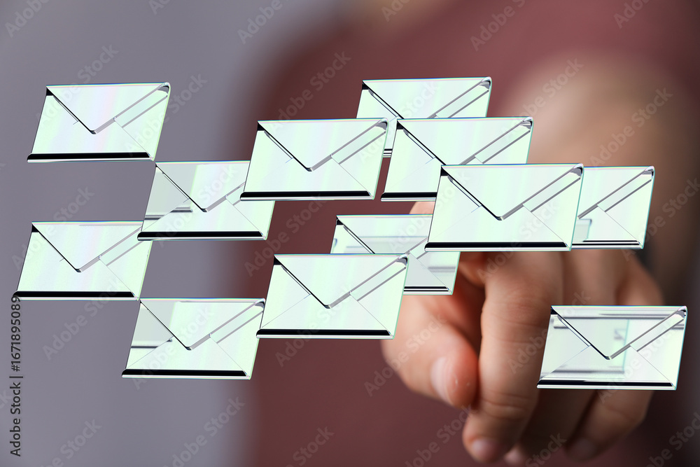 Aufkleber efficient email management. hand interacts with digital inbox, selecting messages.