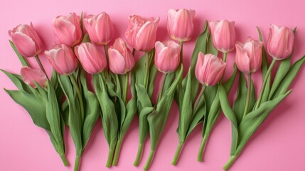 Obraz premium Delicate display of pink tulips against a matching vibrant backdrop
