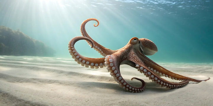 A captivating octopus gracefully explores the sunlit sandy seabed, showcasing the intricate beauty and intelligent adaptation of marine life in its natural, tranquil habitat