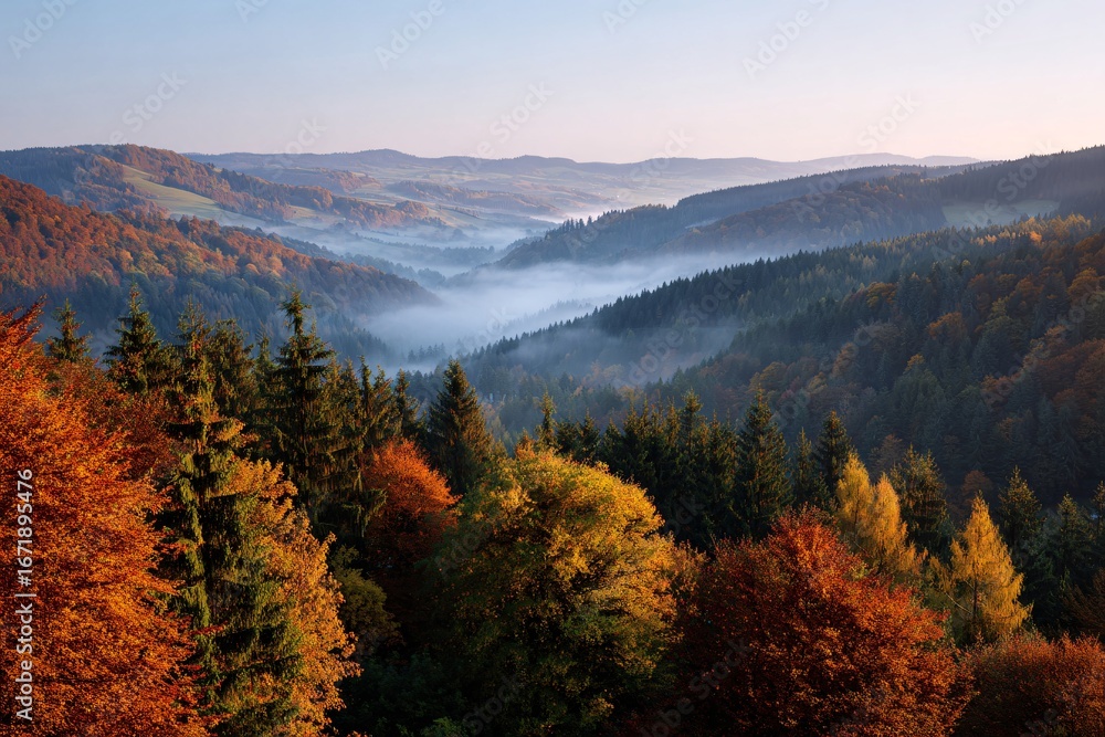 Poster vast autumn forest with colorful foliage and mist generative ai