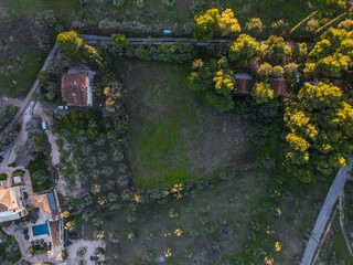 Aerial top down of rocky grassy meadow near Nafplio winter in Mediterranean Greece