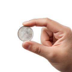 Hand Holding a Textured Blank Silver Coin on Black