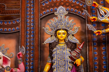 Subho mahalaya, An handmade idol of Goddess Durga decorated in colorful Pandal. 