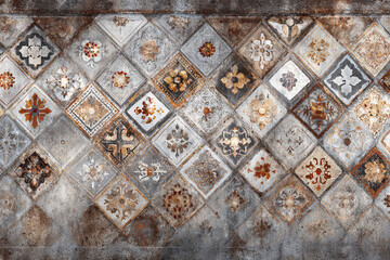 Decorative diamond shaped tiles with floral patterns in grey brown and orange hues showing age and wear