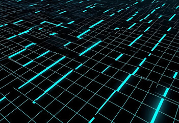 Dark futuristic neon grid landscape with glowing cyan lines
