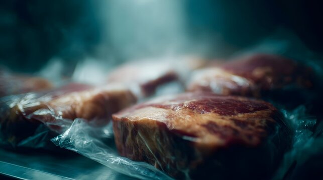 Vacuum packed cooked meat in a commercial kitchen with overhead lighting and sharp focus