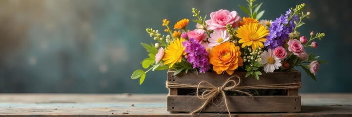 Vibrant Wildflower Posy in Rustic Wooden Crate Perfect Spring, Summer, or Wedding Decoration