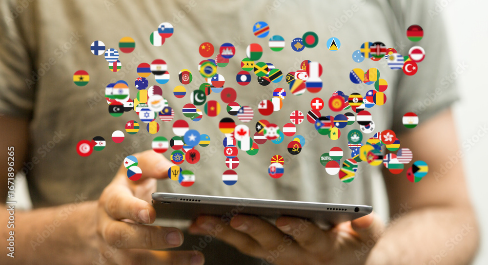 Aufkleber image of a person using a tablet, surrounded by floating flags representing global connection and in