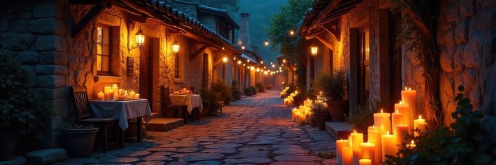 A charming, rustic street scene at night, illuminated by the warm glow of numerous candles lining the pathway The flickering light creates a magical, inviting atmosphere , rustic, warm