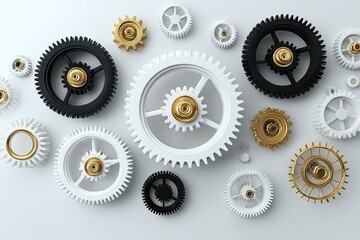 Various gear wheels in black, white, and gold on a white surface