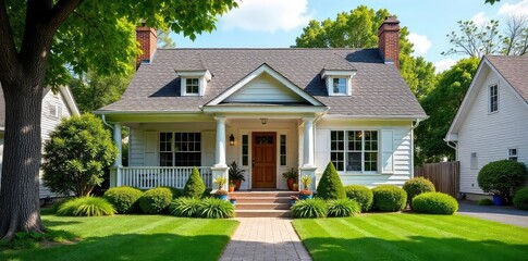 A charming suburban home with a well-manicured lawn and inviting front porch, perfect for a family Ready for its new owners to make lasting memories , luxury home, starter home, trees