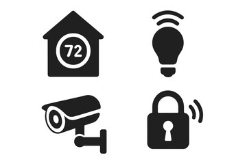 Smart home solid glyph icon set. Vector symbols for home automation system, internet of things. Icons for thermostat, light bulb, security camera, smart lock. Digital control.