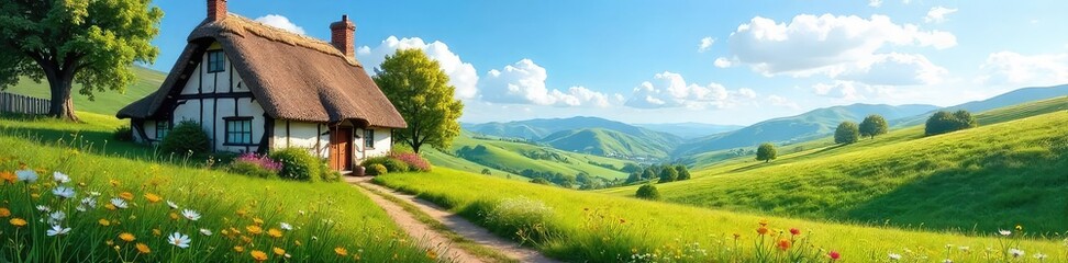 A charming thatched cottage nestled amongst rolling green hills, wildflowers dotting the landscape under a bright blue sky  Perfect for idyllic countryside living imagery ,  idyllic,  countryside