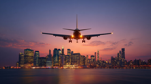 An airplane approaching a city skyline at twilight, its landing lights glowing against the colorful sunset sky. The illuminated skyscrapers reflect beautifully on the water below, creating a dramatic 