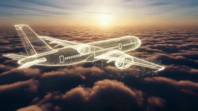 Stunning digital airplane model soars through clouds at sunrise, symbolizing modern aviation and technological advancement.
