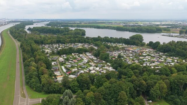 Drone shot of Brielle campsite, caravans and vacation park, Netherlands
