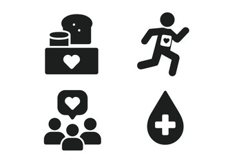 Social cause and charity solid glyph icon set. Includes food bank, charity run, community support and blood donation symbols. Volunteering and fundraising vector pictograms.