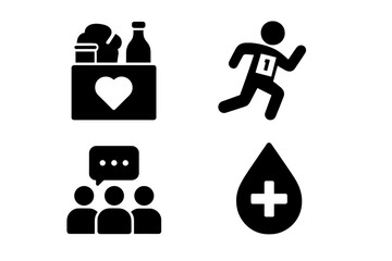 Social cause glyph icon set. Charity and donation symbols collection. Food bank, marathon run, community meeting, and blood drive solid icons for volunteering and aid concepts.