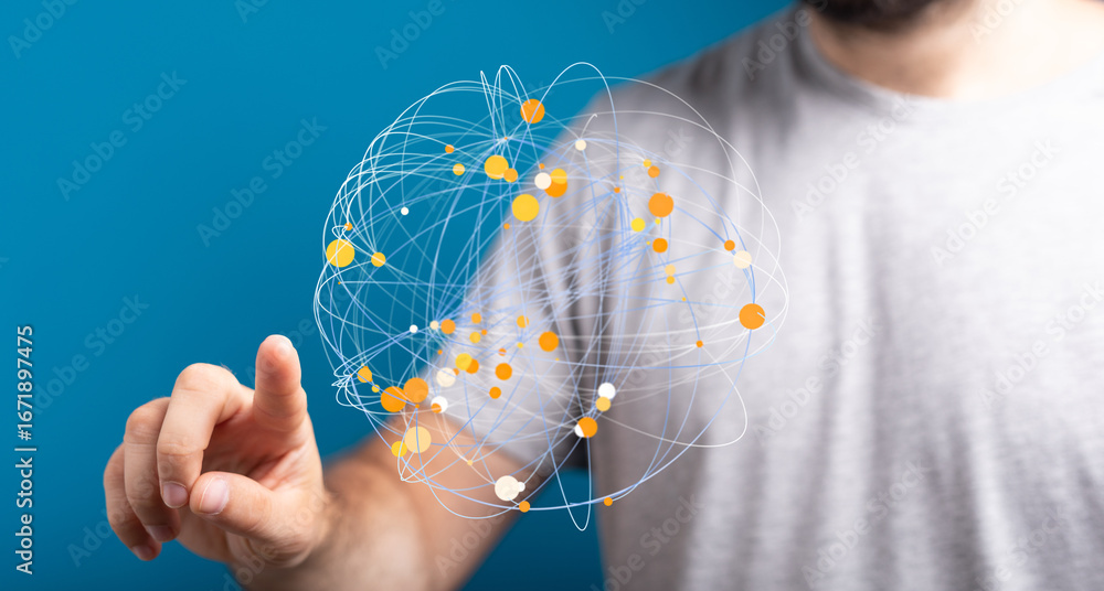 Poster a man interacts with a digital sphere representing global connections and networking.