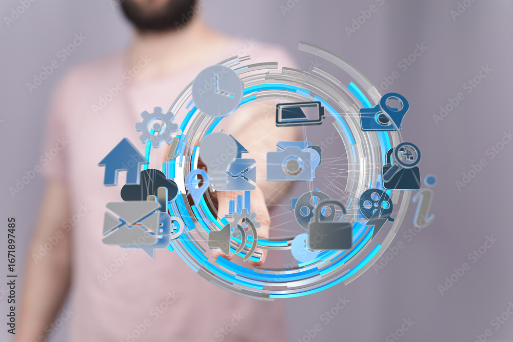 Poster person interacting with a digital interface showing various app icons. modern technology concept.
