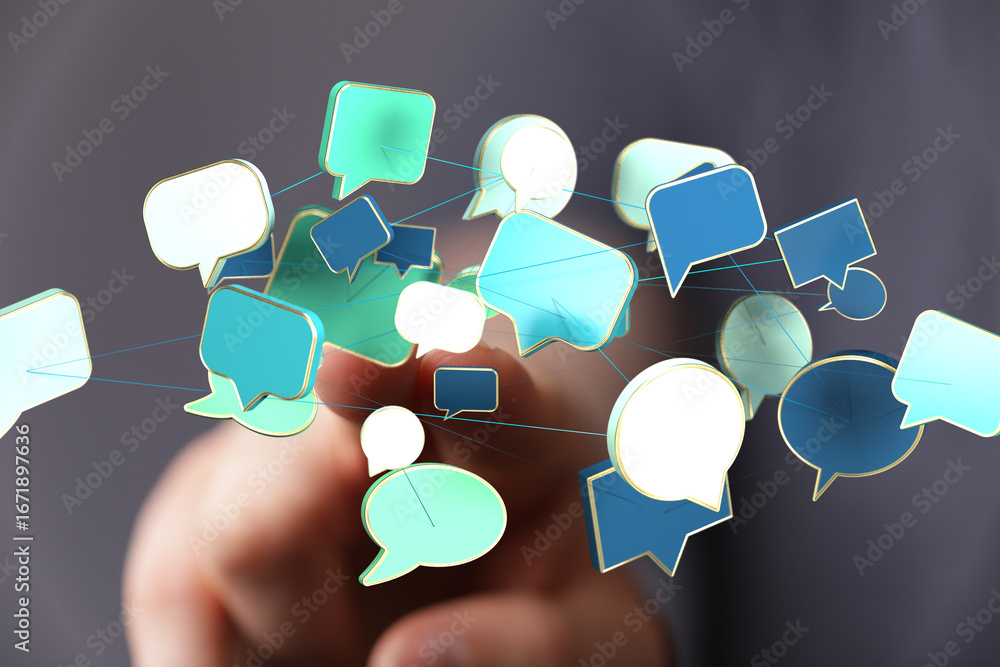 Poster abstract image of interconnected speech bubbles, symbolizing global communication and networking.