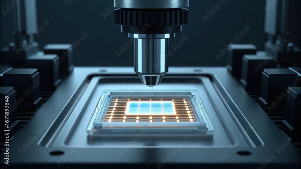 Poster advanced ai chip under microscope for analyzing electronic samples
