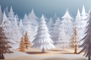Obraz premium Paper cutout winter forest scene with white and brown trees a snowy landscape