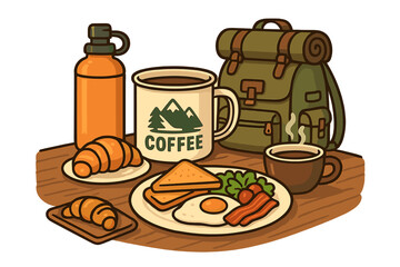 Breakfast for the traveler. Coffee, croissant, bacon and eggs. Outdoor adventure concept. Vector illustration of food and camping equipment. Hiker's morning meal and hot drink.