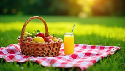 A checkered blanket spread on a sun-dappled grassy field, laden with a wicker basket overflowing with summer fruits, sandwiches, and lemonade Perfect for a relaxed summer day , summertime, idyllic
