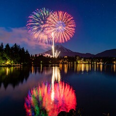 Fireworks over a lake at night.  Mountain backdrop