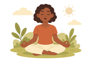 Black woman meditating in nature. Mindfulness and relaxation concept. Yoga lotus pose for mental health and well-being. Serene breathing exercise cartoon vector illustration.