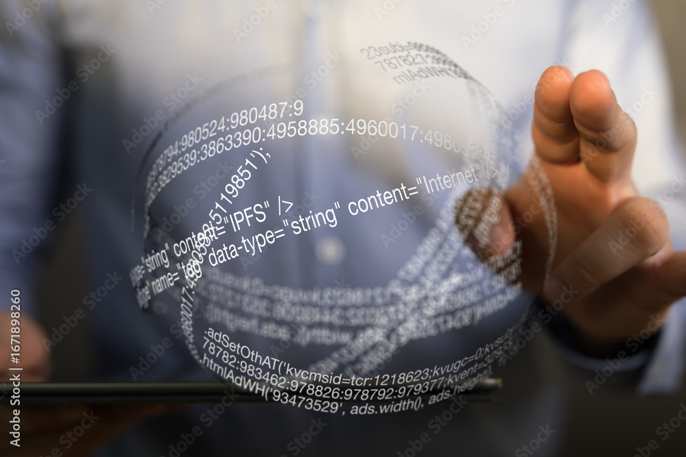 Aufkleber a person interacts with a digital sphere showing lines of code, representing data and technology.