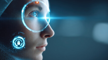 Futuristic cyber technology holographic interface eye biometric security augmented reality digital data hud sci fi blue neon face profile analysis