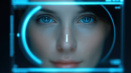 Futuristic interface blue eye biometric scan digital hud cyber security ai telemedicine virtual screen face recognition technology vision