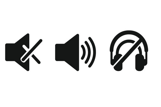 Sound suppression icons set. Mute button, volume off, sound on, noise canceling headphones. Audio control symbols. Black solid vector icons for silent mode, music, media, silence, technology concept