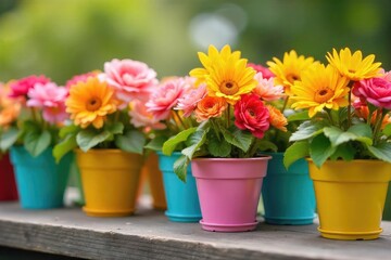 A cheerful array of colorful flowerpots brimming with vibrant blooms, ready to brighten any space Perfect for spring, summer, gardening, and home decor themes , terracotta, clay