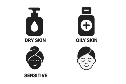 Skin Care Icons Set for Dry, Oily, Sensitive Skin Types. Solid Spa Essentials Symbols. Lotion, Cleanser, Face Treatment, Beauty Routine Elements. Vector Illustration for Wellness, Cosmetic Products