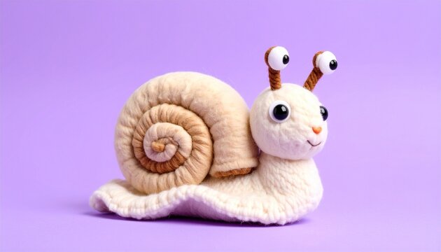A whimsical snail figure with a smiling white face and spiral brown shell sits against a purple backdrop, blending playful charm and handcrafted texture&mdash;perfect for children's media or creative decor.
