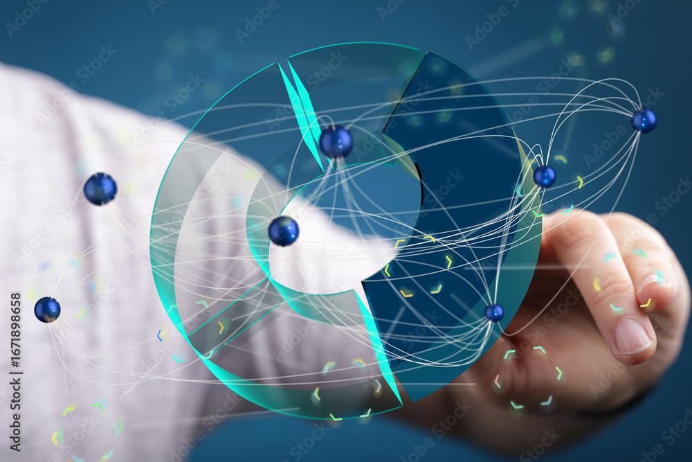 Poster abstract image of a person interacting with a digital network. perfect for technology, data, and con