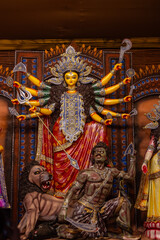 Subho mahalaya, An handmade idol of Goddess Durga decorated in colorful Pandal. Durga Puja is biggest religious festival of Hinduism and for bengalis and is now celebrated worldwide.